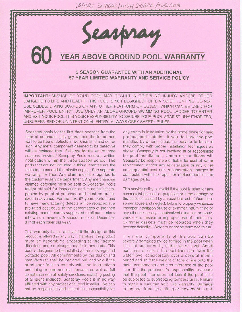 Resin Sensation Warranty Card
